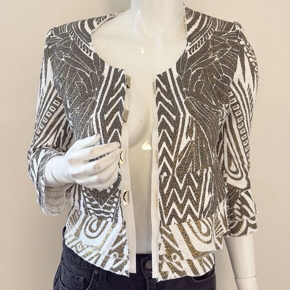 Vintage Just Cavalli Gold, Black & White 3/4 Sleeve Jacket w Ruffle Hem & Cuffs - Picture 10 of 10